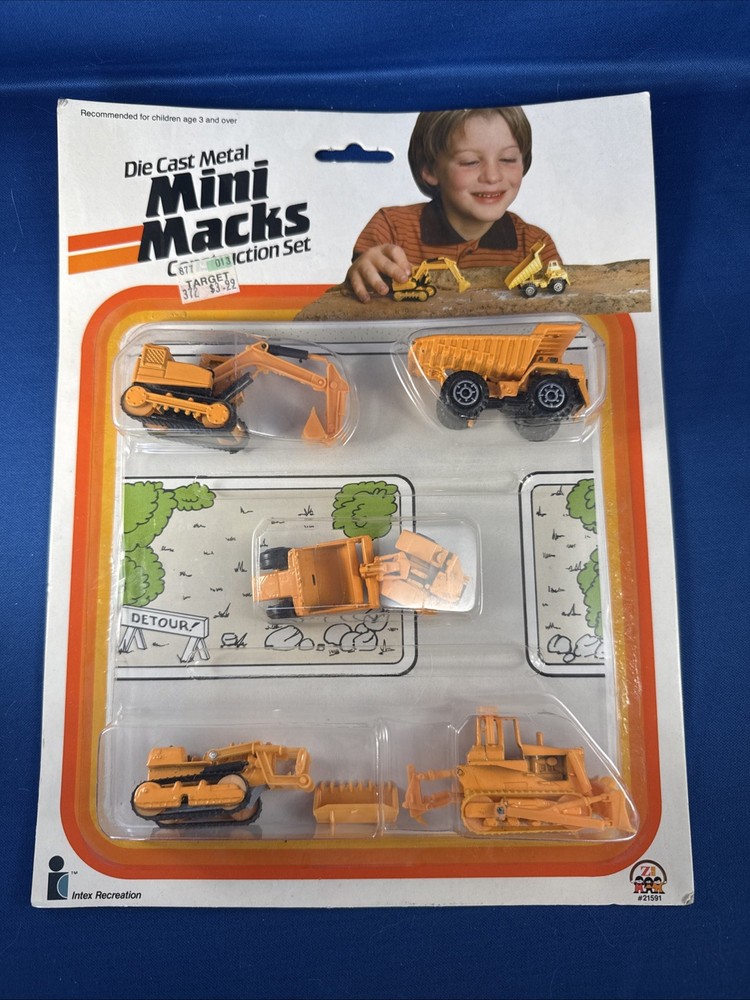 NEW Vintage 1984 Intex Die Cast Metal Mini Macks Construction Set 5 Vehicles