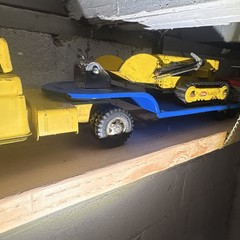Vintage 1960s Tonka Steel Construction Yellow Truck w/ lowboy Trailer and Loader