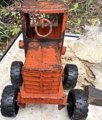 Vintage Road Grader Construction Toy, Pressed Steel, Orange & Black Lumar tires