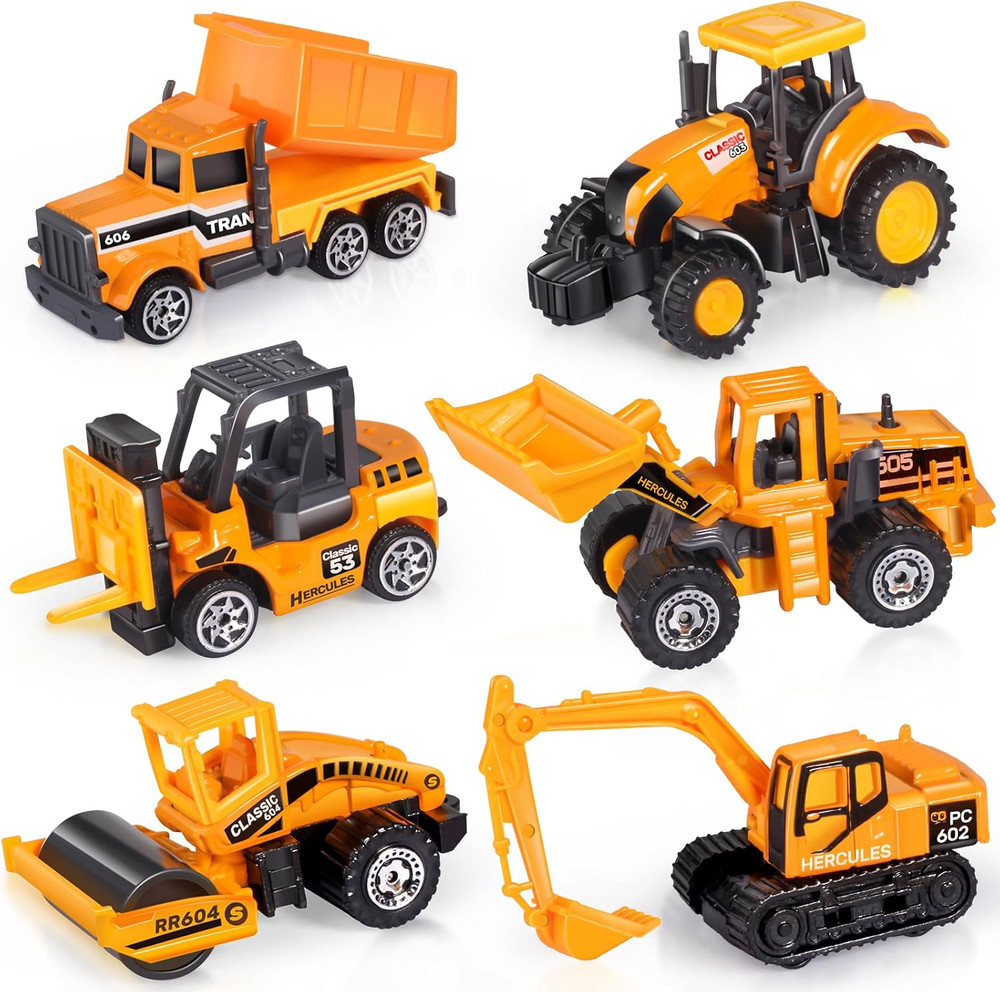 6Pc Diecast Construction Vehicles Set Excavator Bulldozer