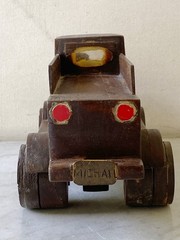 Vintage Homemade Wood Toy Flatbed Pickup Truck. Unique Handmade Bullet Wheels