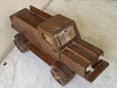 Vintage Homemade Wood Toy Flatbed Pickup Truck. Unique Handmade Bullet Wheels