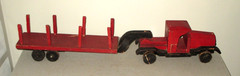 1930 FOLK ART WOOD HANDMADE SEMI TRUCK & STAKE BODY TRAILER ANTIQUE TOY SET-32″