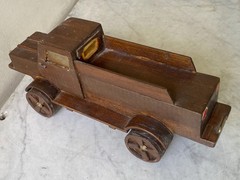 Vintage Homemade Wood Toy Flatbed Pickup Truck. Unique Handmade Bullet Wheels