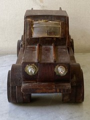 Vintage Homemade Wood Toy Flatbed Pickup Truck. Unique Handmade Bullet Wheels