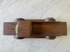 Vintage Homemade Wood Toy Flatbed Pickup Truck. Unique Handmade Bullet Wheels