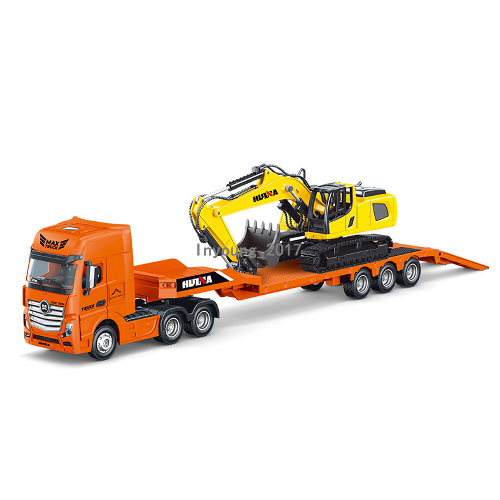 1:50 Flatbed Truck with Excavator Trailer Transporter Diecast Model Set Orange