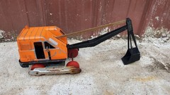 Vintage Hubley Pressed Steel Crane Excavator Wood Wheels Toy ORANGE