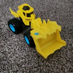 Yellow Plastic Toy Front End Loader Construction Vehicle w/ Blue Wheels