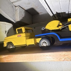Vintage 1960s Tonka Steel Construction Yellow Truck w/ lowboy Trailer and Loader