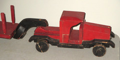 1930 FOLK ART WOOD HANDMADE SEMI TRUCK & STAKE BODY TRAILER ANTIQUE TOY SET-32″