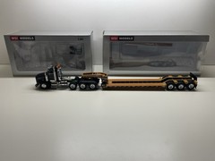 WSI 1/50 Kenworth T800 Black W/ CAT Yellow Rodgers 3-Axle Low Boy Trailer