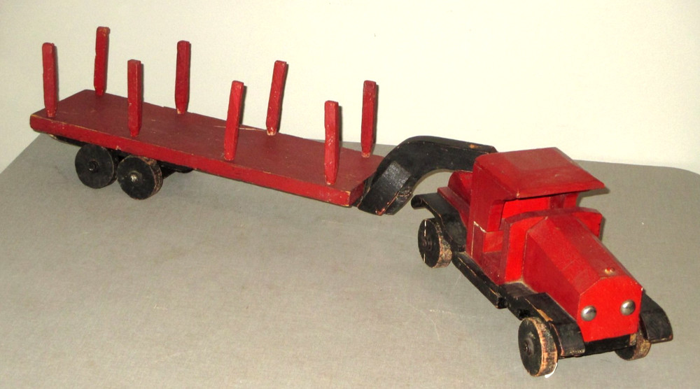 1930 FOLK ART WOOD HANDMADE SEMI TRUCK & STAKE BODY TRAILER ANTIQUE TOY SET-32″