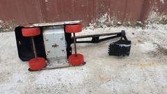 Vintage Hubley Pressed Steel Crane Excavator Wood Wheels Toy ORANGE