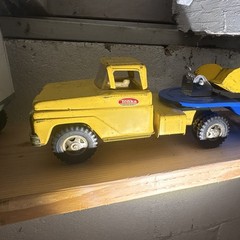 Vintage 1960s Tonka Steel Construction Yellow Truck w/ lowboy Trailer and Loader