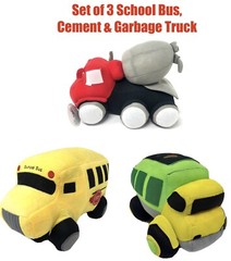Set Of 3 Toy Plush Trucks – Garbage, School Bus, and Cement Truck 10” Size New