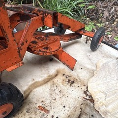 Vintage Road Grader Construction Toy, Pressed Steel, Orange & Black Lumar tires