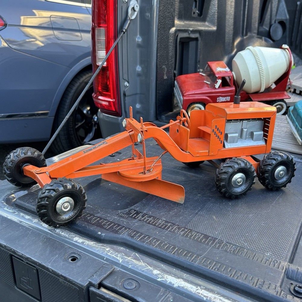 Vintage Structo Road Grader Orange Pressed Steel Toy
