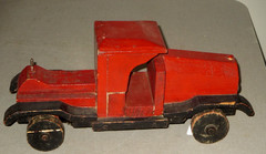 1930 FOLK ART WOOD HANDMADE SEMI TRUCK & STAKE BODY TRAILER ANTIQUE TOY SET-32″