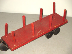 1930 FOLK ART WOOD HANDMADE SEMI TRUCK & STAKE BODY TRAILER ANTIQUE TOY SET-32″
