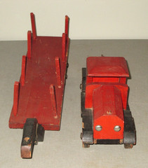 1930 FOLK ART WOOD HANDMADE SEMI TRUCK & STAKE BODY TRAILER ANTIQUE TOY SET-32″