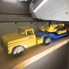 Vintage 1960s Tonka Steel Construction Yellow Truck w/ lowboy Trailer and Loader