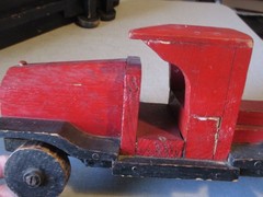 1930 FOLK ART WOOD HANDMADE SEMI TRUCK & STAKE BODY TRAILER ANTIQUE TOY SET-32″