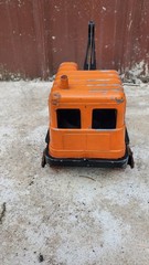 Vintage Hubley Pressed Steel Crane Excavator Wood Wheels Toy ORANGE