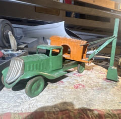 Vintage Thomas toys Dump Truck Green Orange w/ Scoop Crane Bucket Trailer